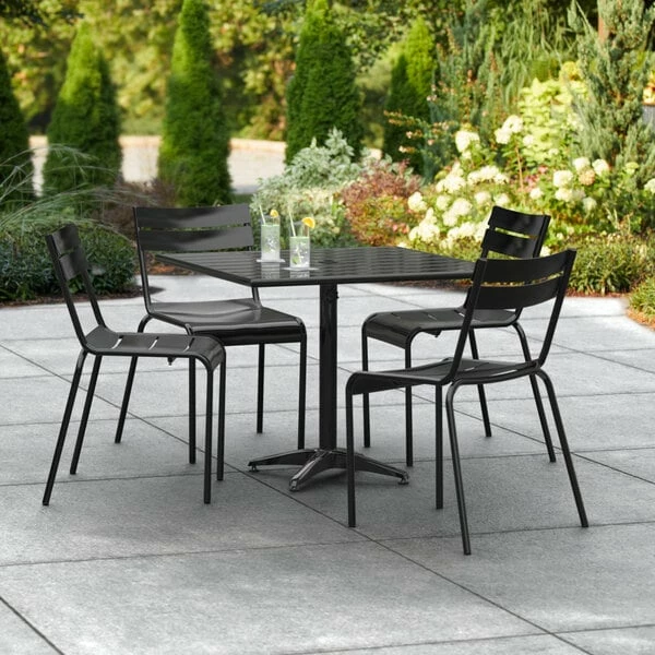 Lancaster Table & Seating 36" X 36" Black Powder-Coated Aluminum Standard Height Outdoor Table With Umbrella Hole And 4 Side Chairs 1 Lancaster Table & Seating 36" X 36" Black Powder-Coated Aluminum Standard Height Outdoor Table With Umbrella Hole And 4 Side Chairs
