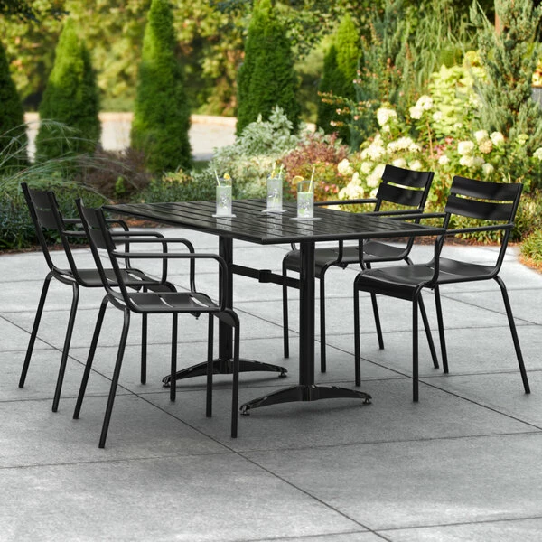 Lancaster Table & Seating 32" X 60" Black Powder-Coated Aluminum Standard Height Outdoor Table With Umbrella Hole And 4 Arm Chairs 1 Lancaster Table & Seating 32" X 60" Black Powder-Coated Aluminum Standard Height Outdoor Table With Umbrella Hole And 4 Arm Chairs