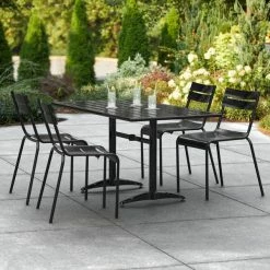 Lancaster Table & Seating 32" X 60" Black Powder-Coated Aluminum Standard Height Outdoor Table With Umbrella Hole And 4 Side Chairs