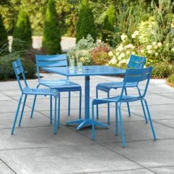 Lancaster Table & Seating 36" X 36" Blue Powder-Coated Aluminum Dining Height Outdoor Table With Umbrella Hole And 4 Side Chairs