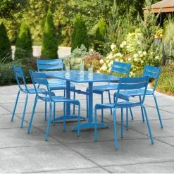Lancaster Table & Seating 32" X 60" Blue Powder-Coated Aluminum Dining Height Outdoor Table With Umbrella Hole And 6 Side Chairs