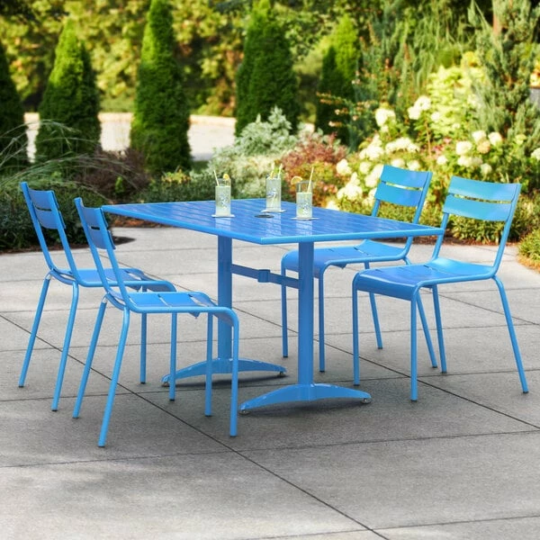Lancaster Table & Seating 32" X 60" Blue Powder-Coated Aluminum Dining Height Outdoor Table With Umbrella Hole 1 Lancaster Table & Seating 32" X 60" Blue Powder-Coated Aluminum Dining Height Outdoor Table With Umbrella Hole