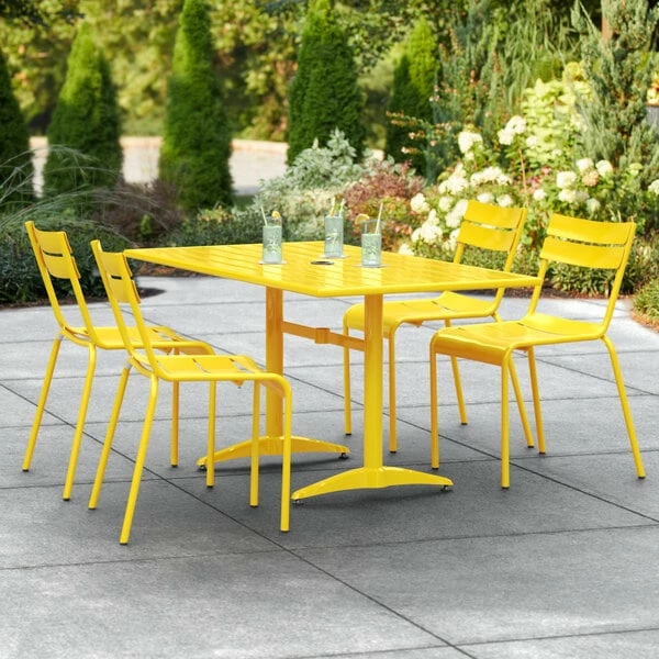 Lancaster Table & Seating 32" X 60" Yellow Powder-Coated Aluminum Dining Height Outdoor Table With Umbrella Hole 1 Lancaster Table & Seating 32" X 60" Yellow Powder-Coated Aluminum Dining Height Outdoor Table With Umbrella Hole