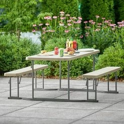 Lancaster Table & Seating 30" X 71" Rectangular Brown Faux Wood Folding Picnic Table With Attached Benches