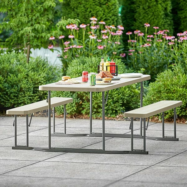 Lancaster Table & Seating 30" X 71" Rectangular Brown Faux Wood Folding Picnic Table With Attached Benches 1 Lancaster Table & Seating 30" X 71" Rectangular Brown Faux Wood Folding Picnic Table With Attached Benches