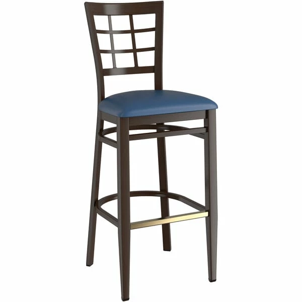 LT&S Spartan Series Lancaster Table & Seating Spartan Series Bar Height Metal Window Back Chair With Walnut Wood Grain Finish And Navy Vinyl Seat 2 LT&S Spartan Series Lancaster Table & Seating Spartan Series Bar Height Metal Window Back Chair With Walnut Wood Grain Finish And Navy Vinyl Seat - Image 2