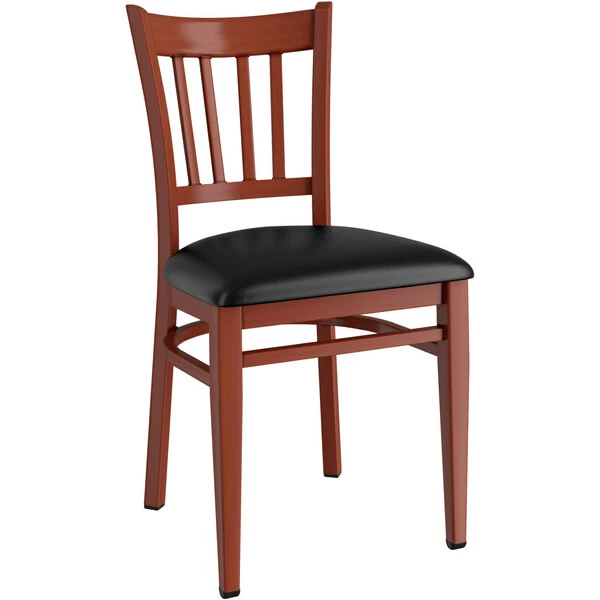 LT&S Spartan Series Lancaster Table & Seating Spartan Series Metal Slat Back Chair With Mahogany Wood Grain Finish And Black Vinyl Seat 2 LT&S Spartan Series Lancaster Table & Seating Spartan Series Metal Slat Back Chair With Mahogany Wood Grain Finish And Black Vinyl Seat - Image 2