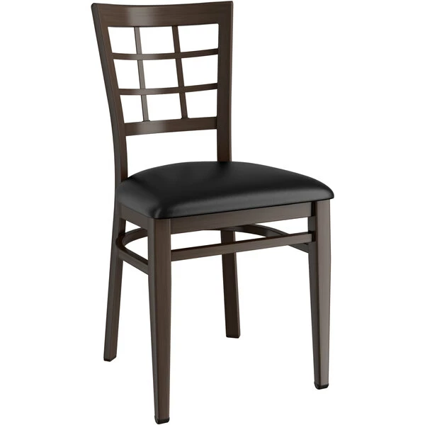 LT&S Spartan Series Lancaster Table & Seating Spartan Series Metal Window Back Chair With Walnut Wood Grain Finish And Black Vinyl Seat 2 LT&S Spartan Series Lancaster Table & Seating Spartan Series Metal Window Back Chair With Walnut Wood Grain Finish And Black Vinyl Seat - Image 2