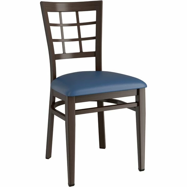 LT&S Spartan Series Lancaster Table & Seating Spartan Series Metal Window Back Chair With Walnut Wood Grain Finish And Navy Vinyl Seat 2 LT&S Spartan Series Lancaster Table & Seating Spartan Series Metal Window Back Chair With Walnut Wood Grain Finish And Navy Vinyl Seat - Image 2