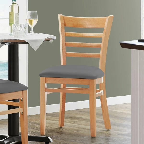 Lancaster Table & Seating Natural Finish Wooden Ladder Back Chair With Dark Gray Padded Seat 1 Lancaster Table & Seating Natural Finish Wooden Ladder Back Chair With Dark Gray Padded Seat