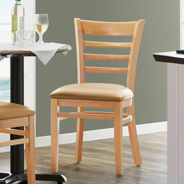 Lancaster Table & Seating Natural Finish Wooden Ladder Back Chair With 2 1/2" Light Brown Padded Seat 1 Lancaster Table & Seating Natural Finish Wooden Ladder Back Chair With 2 1/2" Light Brown Padded Seat