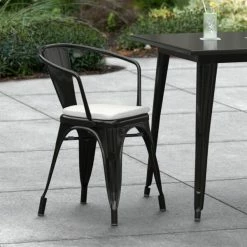 LT&S Alloy Series Lancaster Table & Seating Alloy Series Black Stackable Metal Indoor / Outdoor Industrial Cafe Arm Chair With Gray Fabric Magnetic Cushion