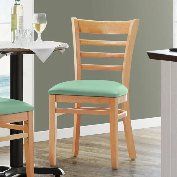 Lancaster Table & Seating Natural Finish Wooden Ladder Back Chair With Seafoam Padded Seat 1 Lancaster Table & Seating Natural Finish Wooden Ladder Back Chair With Seafoam Padded Seat
