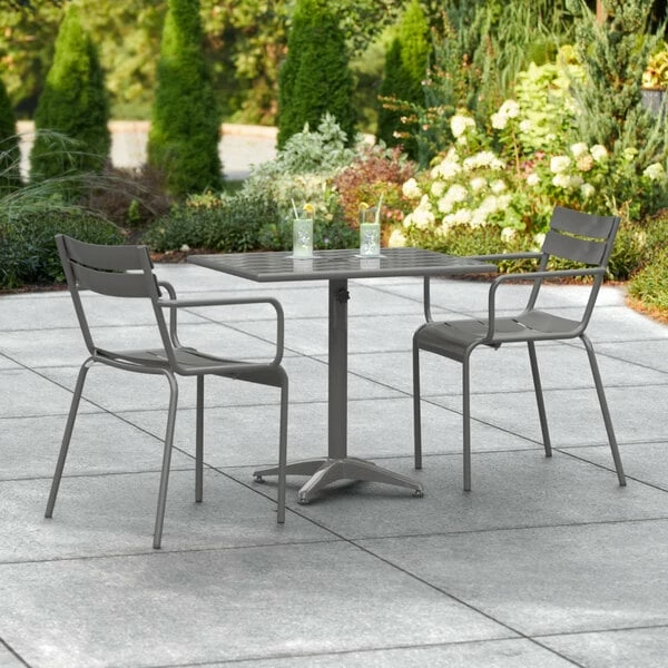 Lancaster Table & Seating 24" X 32" Matte Gray Powder-Coated Aluminum Dining Height Outdoor Table With Umbrella Hole And 2 Arm Chairs 1 Lancaster Table & Seating 24" X 32" Matte Gray Powder-Coated Aluminum Dining Height Outdoor Table With Umbrella Hole And 2 Arm Chairs