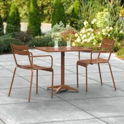 Lancaster Table & Seating 24" X 32" Brown Powder-Coated Aluminum Dining Height Outdoor Table With Umbrella Hole And 2 Arm Chairs