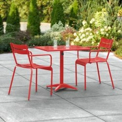Lancaster Table & Seating 24" X 32" Red Powder-Coated Aluminum Dining Height Outdoor Table With Umbrella Hole And 2 Arm Chairs