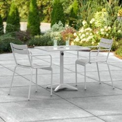 Lancaster Table & Seating 24" X 32" Silver Powder-Coated Aluminum Dining Height Outdoor Table With Umbrella Hole And 2 Arm Chairs