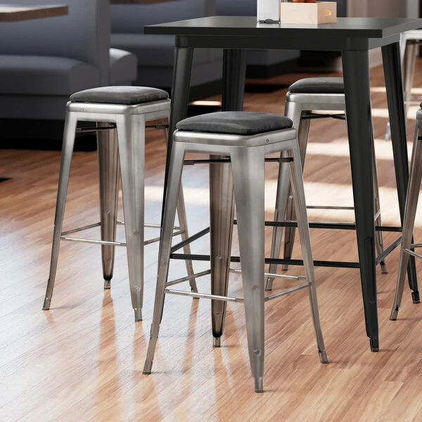 LT&S Alloy Series Lancaster Table & Seating Alloy Series Clear Coat Metal Indoor Barstool With Black Vinyl Cushion 1 LT&S Alloy Series Lancaster Table & Seating Alloy Series Clear Coat Metal Indoor Barstool With Black Vinyl Cushion