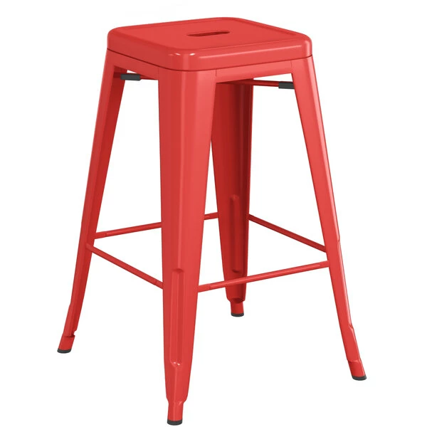 LT&S Alloy Series Lancaster Table & Seating Alloy Series Red Stackable Metal Indoor / Outdoor Industrial Cafe Counter Height Stool With Tan Fabric Magnetic Cushion 3 LT&S Alloy Series Lancaster Table & Seating Alloy Series Red Stackable Metal Indoor / Outdoor Industrial Cafe Counter Height Stool With Tan Fabric Magnetic Cushion - Image 3