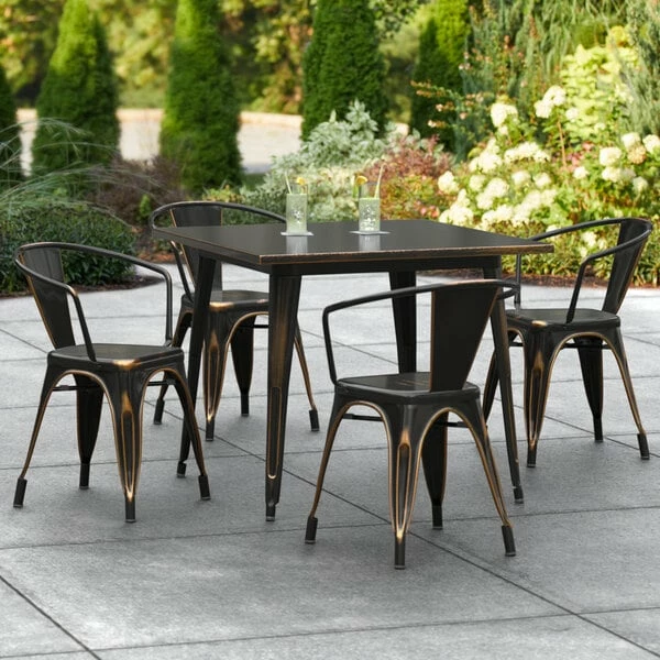 LT&S Alloy Series Lancaster Table & Seating Alloy Series 36" X 36" Distressed Copper Dining Height Outdoor Table With 4 Arm Chairs 1 LT&S Alloy Series Lancaster Table & Seating Alloy Series 36" X 36" Distressed Copper Dining Height Outdoor Table With 4 Arm Chairs