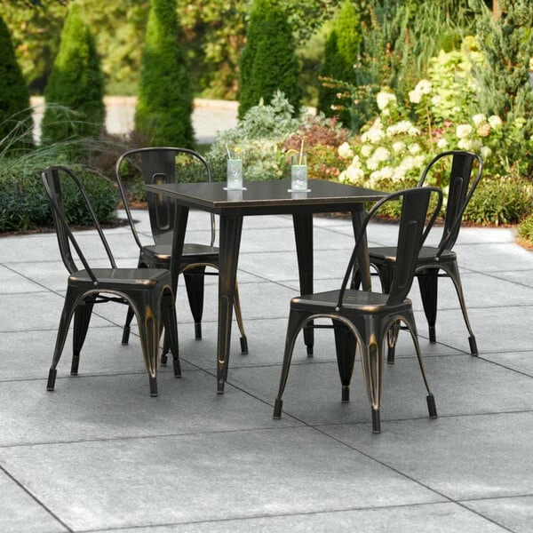 LT&S Alloy Series Lancaster Table & Seating Alloy Series 32" X 32" Square Distressed Copper Dining Height Outdoor Table With 4 Industrial Cafe Chairs 1 LT&S Alloy Series Lancaster Table & Seating Alloy Series 32" X 32" Square Distressed Copper Dining Height Outdoor Table With 4 Industrial Cafe Chairs