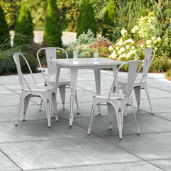 LT&S Alloy Series Lancaster Table & Seating Alloy Series 32" X 32" Distressed Silver Dining Height Outdoor Table With 4 Industrial Cafe Chairs 1 LT&S Alloy Series Lancaster Table & Seating Alloy Series 32" X 32" Distressed Silver Dining Height Outdoor Table With 4 Industrial Cafe Chairs