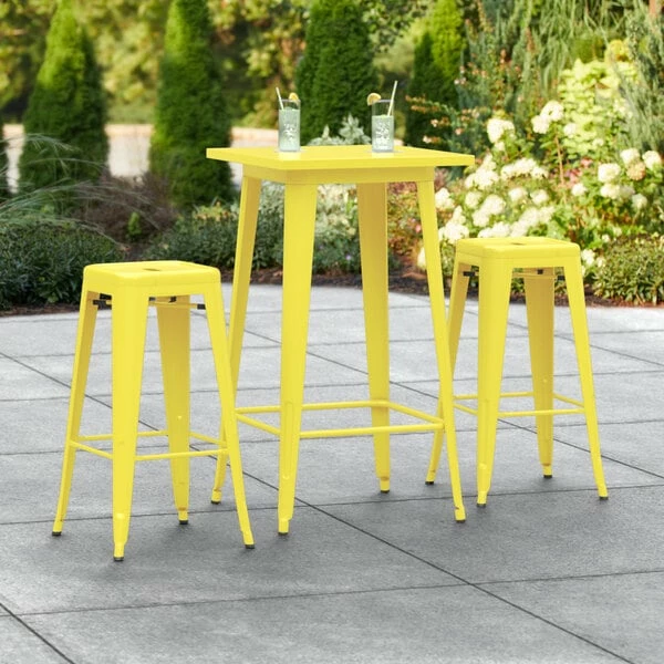 LT&S Alloy Series Lancaster Table & Seating Alloy Series 24" X 24" Yellow Outdoor Bar Height Table With Two Barstools 1 LT&S Alloy Series Lancaster Table & Seating Alloy Series 24" X 24" Yellow Outdoor Bar Height Table With Two Barstools