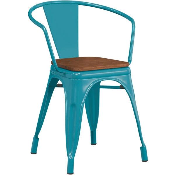 LT&S Alloy Series Lancaster Table & Seating Alloy Series Teal Metal Indoor Industrial Cafe Arm Chair With Walnut Wood Seat 2 LT&S Alloy Series Lancaster Table & Seating Alloy Series Teal Metal Indoor Industrial Cafe Arm Chair With Walnut Wood Seat - Image 2