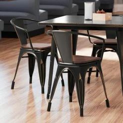LT&S Alloy Series Lancaster Table & Seating Alloy Series Distressed Copper Metal Indoor Industrial Cafe Arm Chair With Vertical Slat Back And Walnut Wood Seat