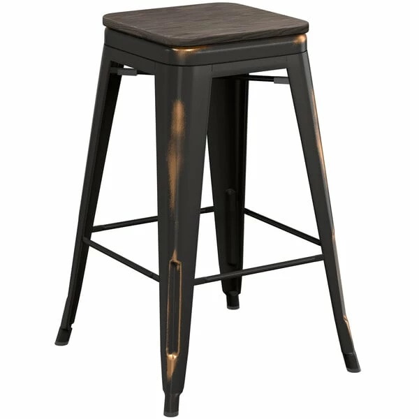 LT&S Alloy Series Lancaster Table & Seating Alloy Series Distressed Copper Metal Indoor Industrial Cafe Counter Height Stool With Black Wood Seat 2 LT&S Alloy Series Lancaster Table & Seating Alloy Series Distressed Copper Metal Indoor Industrial Cafe Counter Height Stool With Black Wood Seat - Image 2