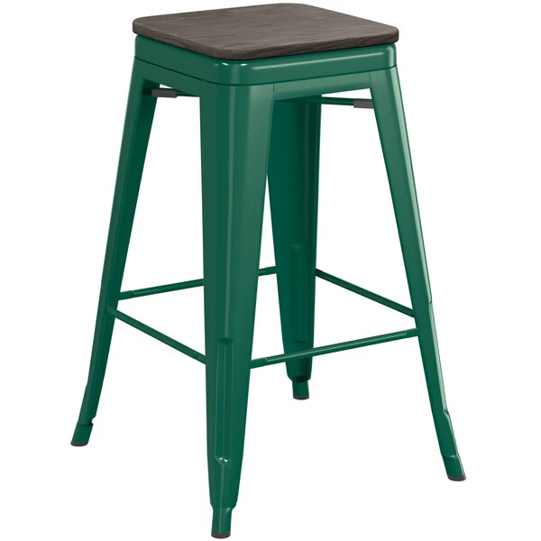 LT&S Alloy Series Lancaster Table & Seating Alloy Series Emerald Metal Indoor Industrial Cafe Counter Height Stool With Black Wood Seat 2 LT&S Alloy Series Lancaster Table & Seating Alloy Series Emerald Metal Indoor Industrial Cafe Counter Height Stool With Black Wood Seat - Image 2