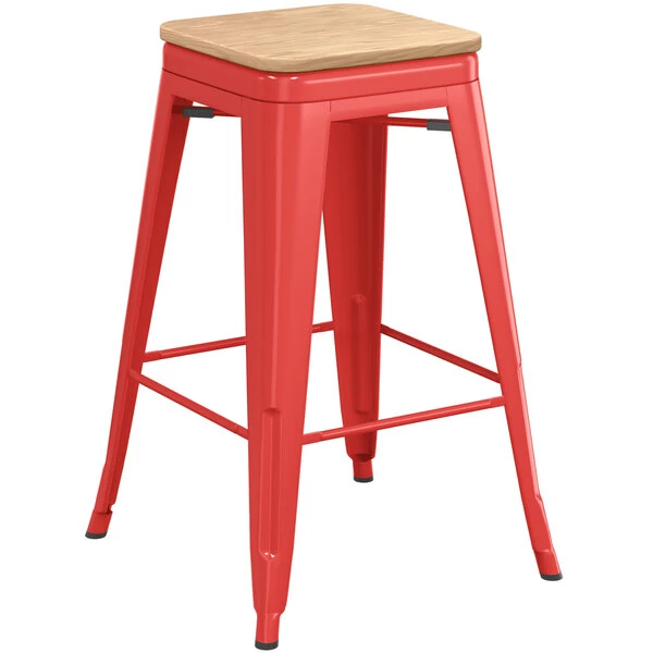 LT&S Alloy Series Lancaster Table & Seating Alloy Series Red Metal Indoor Industrial Cafe Counter Height Stool With Natural Wood Seat 2 LT&S Alloy Series Lancaster Table & Seating Alloy Series Red Metal Indoor Industrial Cafe Counter Height Stool With Natural Wood Seat - Image 2