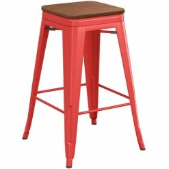 LT&S Alloy Series Lancaster Table & Seating Alloy Series Red Metal Indoor Industrial Cafe Counter Height Stool With Walnut Wood Seat -Lancaster Table & Seating Shop 2431562