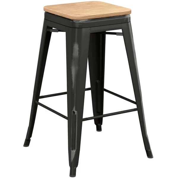 LT&S Alloy Series Lancaster Table & Seating Alloy Series Distressed Black Metal Indoor Industrial Cafe Counter Height Stool With Natural Wood Seat 2 LT&S Alloy Series Lancaster Table & Seating Alloy Series Distressed Black Metal Indoor Industrial Cafe Counter Height Stool With Natural Wood Seat - Image 2