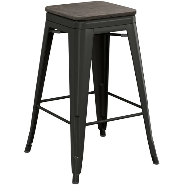 LT&S Alloy Series Lancaster Table & Seating Alloy Series Black Metal Indoor Industrial Cafe Counter Height Stool With Black Wood Seat 2 LT&S Alloy Series Lancaster Table & Seating Alloy Series Black Metal Indoor Industrial Cafe Counter Height Stool With Black Wood Seat - Image 2