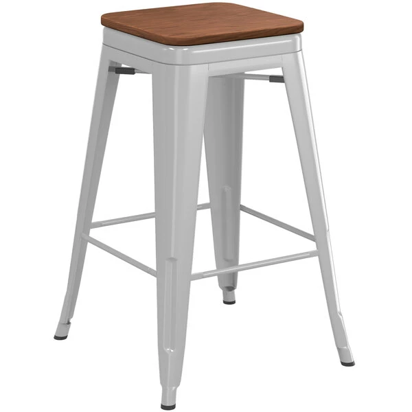 LT&S Alloy Series Lancaster Table & Seating Alloy Series Silver Metal Indoor Industrial Cafe Counter Height Stool With Walnut Wood Seat 2 LT&S Alloy Series Lancaster Table & Seating Alloy Series Silver Metal Indoor Industrial Cafe Counter Height Stool With Walnut Wood Seat - Image 2