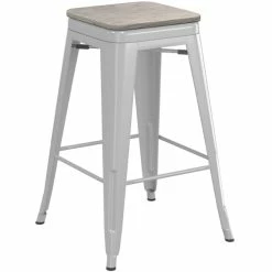 LT&S Alloy Series Lancaster Table & Seating Alloy Series Silver Metal Indoor Industrial Cafe Counter Height Stool With Gray Wood Seat -Lancaster Table & Seating Shop 2431597