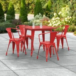 LT&S Alloy Series Lancaster Table & Seating Alloy Series 32" X 32" Distressed Red Dining Height Outdoor Table With 4 Arm Chairs