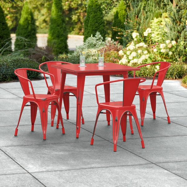 LT&S Alloy Series Lancaster Table & Seating Alloy Series 32" X 32" Distressed Red Dining Height Outdoor Table With 4 Arm Chairs 1 LT&S Alloy Series Lancaster Table & Seating Alloy Series 32" X 32" Distressed Red Dining Height Outdoor Table With 4 Arm Chairs