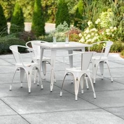 LT&S Alloy Series Lancaster Table & Seating Alloy Series 32" X 32" Distressed White Dining Height Outdoor Table With 4 Arm Chairs