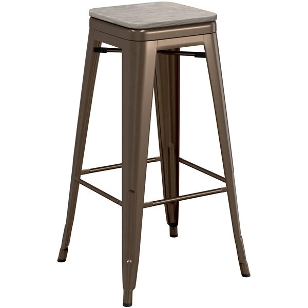 LT&S Alloy Series Lancaster Table & Seating Alloy Series Copper Stackable Metal Indoor Industrial Barstool With Gray Wood Seat 2 LT&S Alloy Series Lancaster Table & Seating Alloy Series Copper Stackable Metal Indoor Industrial Barstool With Gray Wood Seat - Image 2