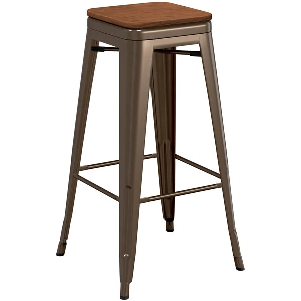 LT&S Alloy Series Lancaster Table & Seating Alloy Series Copper Metal Indoor Industrial Cafe Bar Height Stool With Walnut Wood Seat 2 LT&S Alloy Series Lancaster Table & Seating Alloy Series Copper Metal Indoor Industrial Cafe Bar Height Stool With Walnut Wood Seat - Image 2