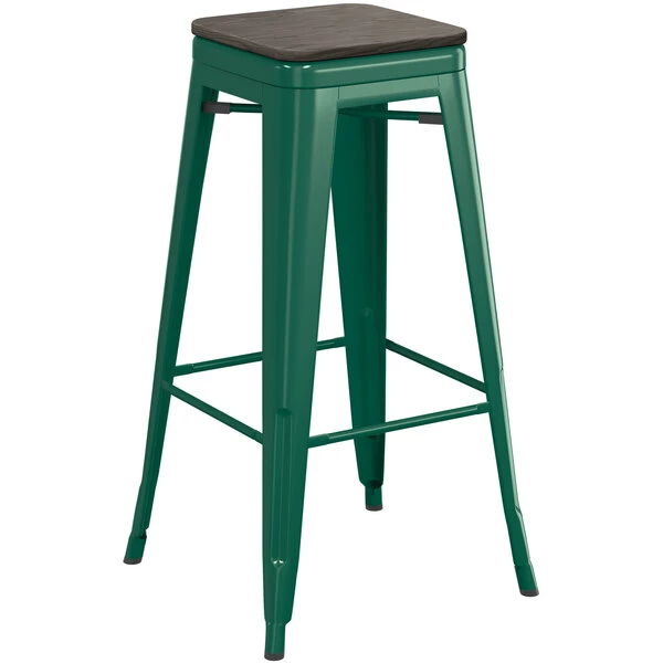LT&S Alloy Series Lancaster Table & Seating Alloy Series Emerald Stackable Metal Indoor Industrial Barstool With Black Wood Seat 2 LT&S Alloy Series Lancaster Table & Seating Alloy Series Emerald Stackable Metal Indoor Industrial Barstool With Black Wood Seat - Image 2