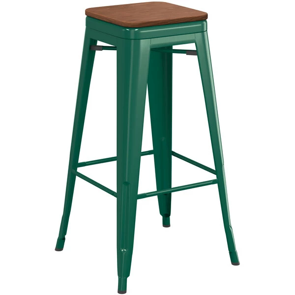 LT&S Alloy Series Lancaster Table & Seating Alloy Series Emerald Stackable Metal Indoor Industrial Barstool With Walnut Wood Seat 2 LT&S Alloy Series Lancaster Table & Seating Alloy Series Emerald Stackable Metal Indoor Industrial Barstool With Walnut Wood Seat - Image 2