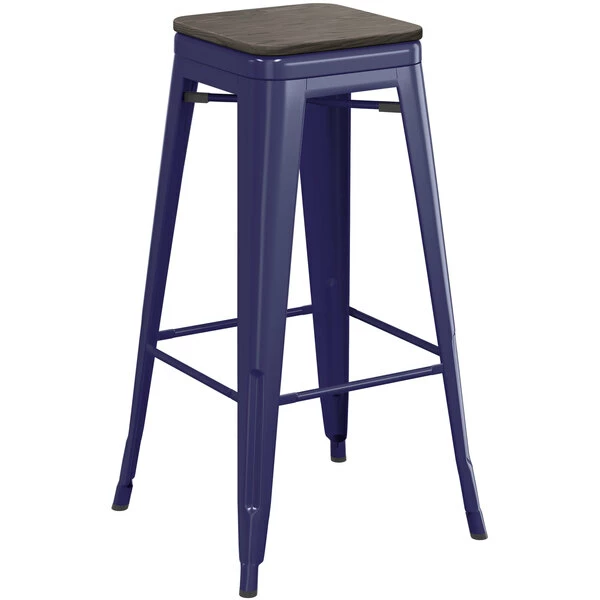 LT&S Alloy Series Lancaster Table & Seating Alloy Series Navy Stackable Metal Indoor Industrial Barstool With Black Wood Seat 2 LT&S Alloy Series Lancaster Table & Seating Alloy Series Navy Stackable Metal Indoor Industrial Barstool With Black Wood Seat - Image 2