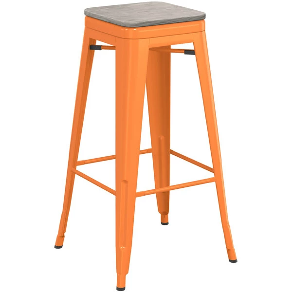 LT&S Alloy Series Lancaster Table & Seating Alloy Series Orange Stackable Metal Indoor Industrial Barstool With Gray Wood Seat 2 LT&S Alloy Series Lancaster Table & Seating Alloy Series Orange Stackable Metal Indoor Industrial Barstool With Gray Wood Seat - Image 2