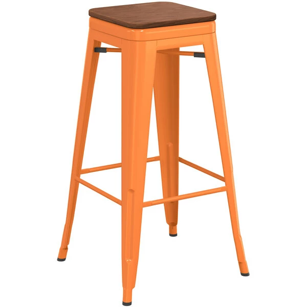 LT&S Alloy Series Lancaster Table & Seating Alloy Series Orange Metal Indoor Industrial Cafe Bar Height Stool With Walnut Wood Seat 2 LT&S Alloy Series Lancaster Table & Seating Alloy Series Orange Metal Indoor Industrial Cafe Bar Height Stool With Walnut Wood Seat - Image 2