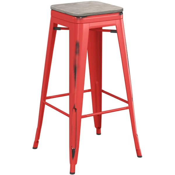 LT&S Alloy Series Lancaster Table & Seating Alloy Series Distressed Red Stackable Metal Indoor Industrial Barstool With Gray Wood Seat 2 LT&S Alloy Series Lancaster Table & Seating Alloy Series Distressed Red Stackable Metal Indoor Industrial Barstool With Gray Wood Seat - Image 2