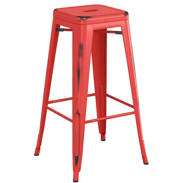 LT&S Alloy Series Lancaster Table & Seating Alloy Series Distressed Red Stackable Metal Indoor Industrial Barstool With Gray Wood Seat 3 LT&S Alloy Series Lancaster Table & Seating Alloy Series Distressed Red Stackable Metal Indoor Industrial Barstool With Gray Wood Seat - Image 3