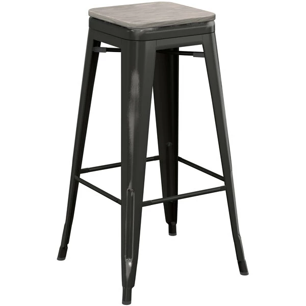 LT&S Alloy Series Lancaster Table & Seating Alloy Series Distressed Black Stackable Metal Indoor Industrial Barstool With Gray Wood Seat 2 LT&S Alloy Series Lancaster Table & Seating Alloy Series Distressed Black Stackable Metal Indoor Industrial Barstool With Gray Wood Seat - Image 2